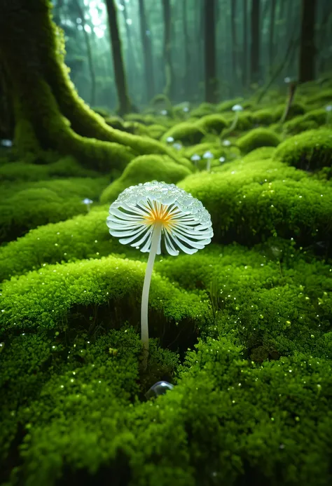 A delicate and complex skeleton flower，Blooming with translucent white petals，There are complex vein patterns on it, Suspended above the moss-covered forest floor，The dense mycelium is dotted with dewdrops，In soft light, Patchy lights. Realistic digital ar...