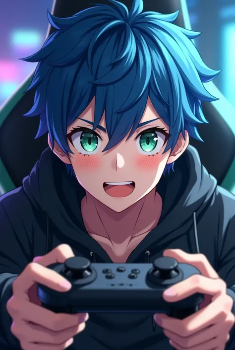 Handsome man in anime style,Blue gamer jacket outfit,youth,Her hair color is blue.,Green eyes, Only from the belly up、Have a controller、Sitting in a gaming chair、There is a cross highlight in the eye、Looking sideways、The face is facing forward、Laughing、smi...