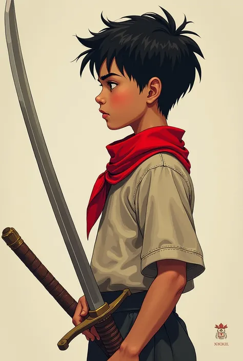 Boy in sideview with color red handkerchief in neck holding sword
