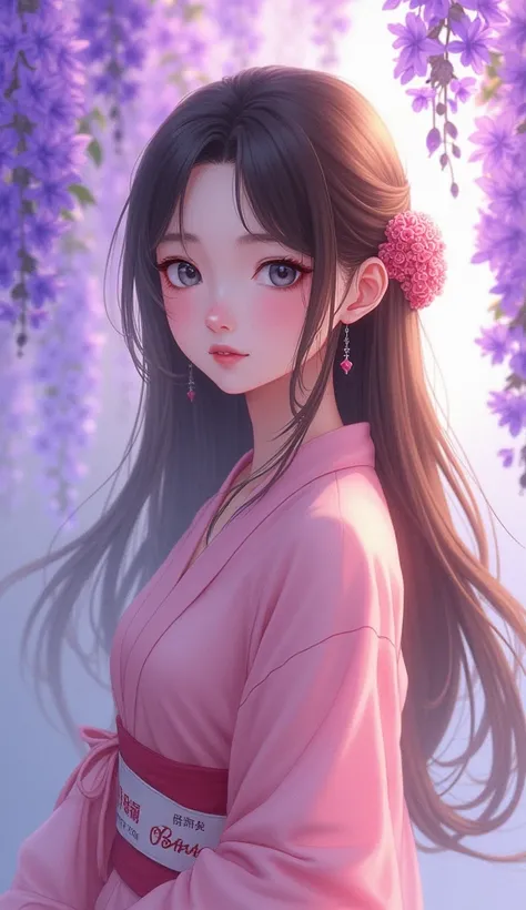 woman。solo。Hair color: Brown。long。Kimono pink。Background wisteria flower。anime。cute。Eye color gray。High resolution, 