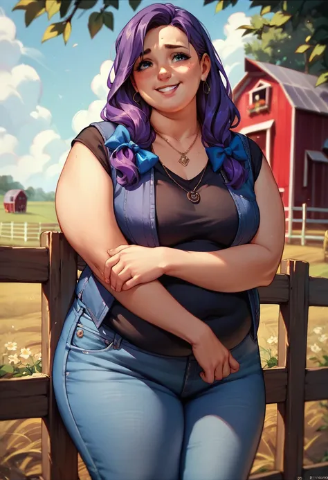 Comic, 1 girl, 20 years old, (overweight), ((long purple hair)), shy smile, blue bow in hair, black shirt, blue jeans vest, fine necklace, farm in background