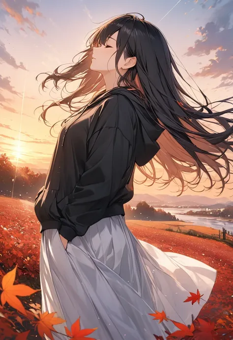 anime、((Amazingly absurd)),(masterpiece:1.2),超High resolution, Attention to detail, high quality, High resolution, 最high quality, 4K, 8k、Black hoodie、White long skirt、Black Hair、Long Hair、Hair blowing in the wind、A profile with a mature atmosphere、A sunset...