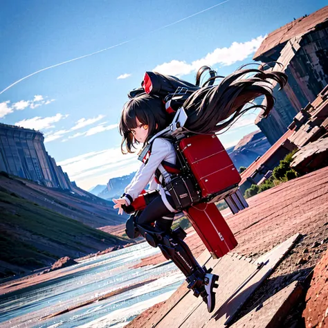 one girl, solo, black hair, hair blowing in the wind, super long hair, jetpack