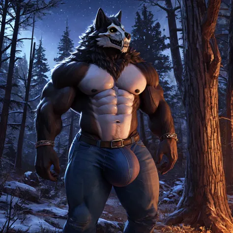 ((أفضل جودة)), ((تحفة)), (مفصلة للغاية), ((4K)).

Wolf, black fur, muscular, very fat,wolf skull instead of a face, shirtless, jeans, big things, woods, night ,big bulge 