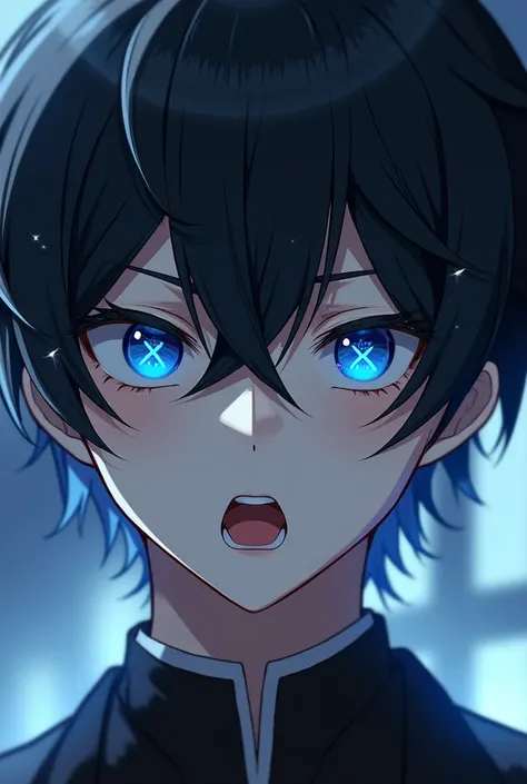 1boy,High Resolution, Accurate, Award Winning, HD, Best Quality, High Details, Black Hair, Short Hair, Blue Hair, Hair Over One Eye, Silver Hair, Open Mouth, Blue eyes, Symbol-Shaped Pupils, Simple background, Dutch Angle, Symmetry, Sideways, Eyepatch, Blu...