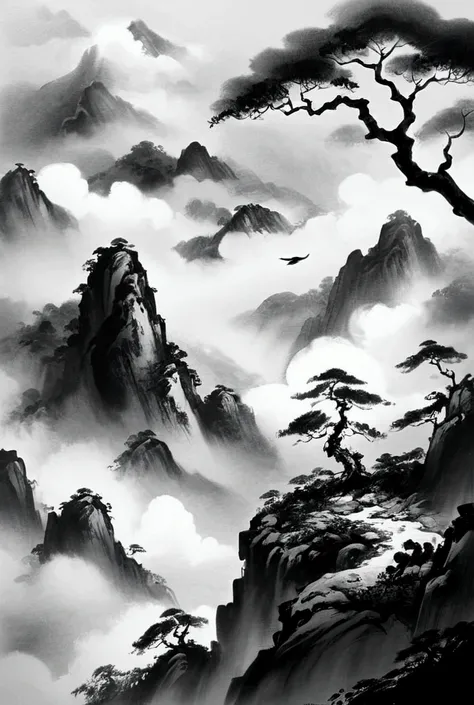 ink painting,mountain range々,a sea of clouds spreads,silence,composition with depth,big tree in front,the shadows are blurred,a ...