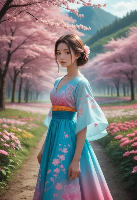 masterpice, (best quality), ((best detailed)), depth of field, a beautiful girl, beautiful face, nature, spirit, blossom, colorful landscape, flowers, butterflys, glowing dress, elements