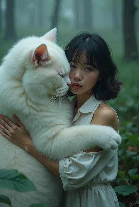 Imagine 😀, 35mm film photography, a pretty young woman hug a giant white cat, with a giant cat, pretty short wavy hair, sensual body, adopting the eating style of a cat, in a misty forest, indonesian, middle top angle shot, muted colours, detail, 8k, cinem...