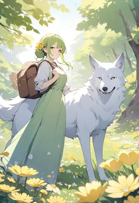 Tips: Very attractive ，Carrying a backpack，And her cute wolf，Enjoy a beautiful spring outing，Surrounded by beautiful yellow flowers and nature. The illustrations are high-definition illustrations with 4K resolution., It features very detailed facial featur...