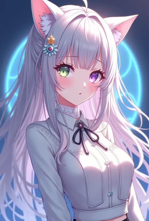 Age 19,Eyes: One eye is a soft lavender and the other a deep green, each exuding a mystical and captivating glow.Hair: Silky, silver hair that cascades down her back, adorned with playful cat ears and perhaps a few sparkles or small accessories.Outfit: A c...