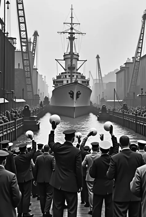 A documentary photograph of a Navy warship being flooded in 1918, shipbuilders and workers are seen waving their white hats off at the pier, seen from behind; the photograph is labeled “1918, Summer” in small letters,