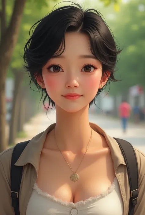 Realistic、40 years old、Asian、Black Hair、Narrow eyes、Normal face、short hair、My chest is a little visible、Take a walk、Charming smile、Side by side