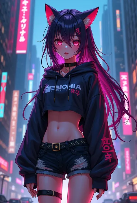 Anime
Female
Long hair
Cyberpunk
Cat ears
Crop top hoodie
Shorts
Emo