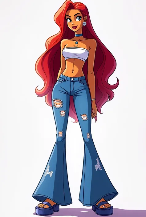 Teen Titans cartoon character Starfire wearing wide leg denim pants, a tube top and platform sandals
