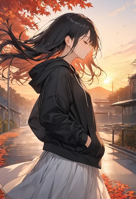 anime、((Amazingly absurd)),(masterpiece:1.2),超High resolution, Attention to detail, high quality, High resolution, 最high quality, 4K, 8k、Black hoodie、White long skirt、Black Hair、Long Hair、Hair blowing in the wind、A profile with a mature atmosphere、A sunset...