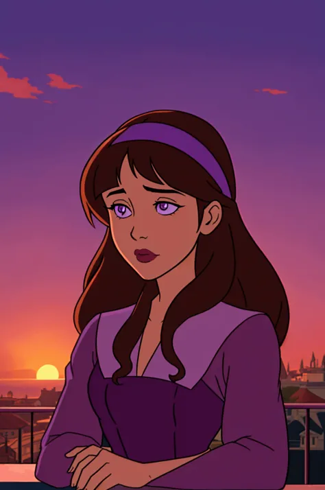 (best quality: 1.0), 1girl, brown hair color and long hair with bangs, purple headband and purple dress, sunset on the balcony background, disney princess style