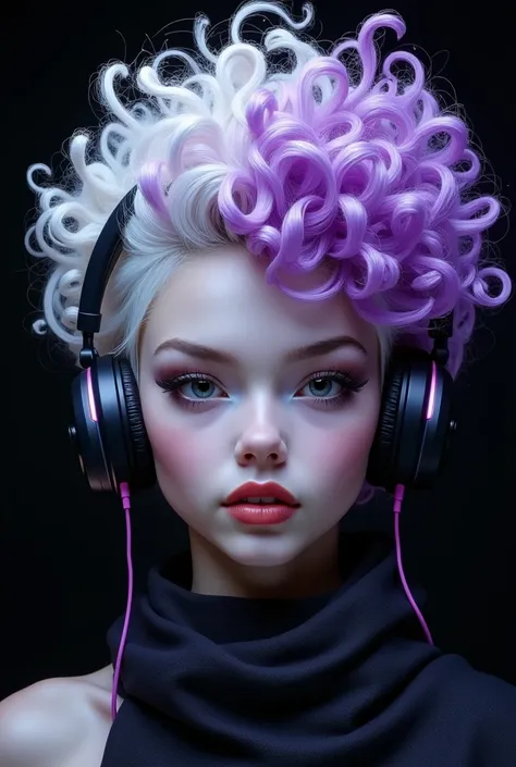 white purple curly hair head phone black background