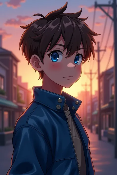 4k wallpaper a boy brown hair , blue eye , wear blue leather jacket , anime , background , evening , realistic