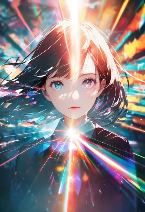 (masterpiece, best quality),(double exposure: 1.2),(A girl), (shining laser beams coming out of her eyes), futuristicbackground,
,splash color, retro photo,lens flare,