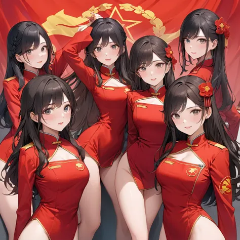 ((Highest quality)), ((masterpiece)), (detailed), （Perfect Face）、The woman is Satomi Ishihara, with black hair and a custom-made sexy red Communist outfit, becoming a member of the Chinese Communist Party, a woman for China, and pledging loyalty to the cou...