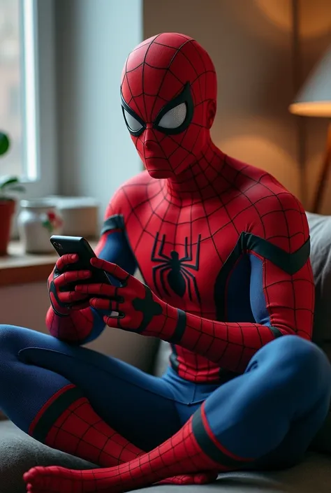 Spider-Man watching phone at home