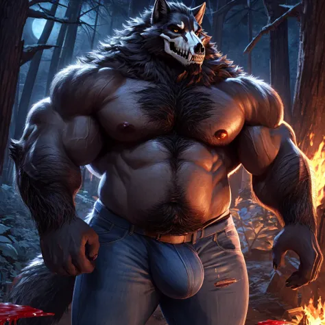 ((أفضل جودة)), ((تحفة)), (مفصلة للغاية), ((4K)).

Wolf, black fur, muscular, very fat,wolf skull instead of a face, shirtless, jeans, big things, woods, night ,big bulge , chest hair, hairy ,covered in blood 