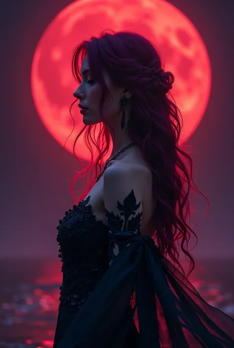 A woman with split red wine and violet hair with a enchantress costume that looks majestic and behind is a red moon