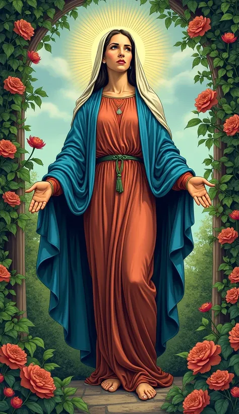 ((American Comics)), Beautiful Virgin Mary, Reddish brown tunic, Blue cloak, Veil, garden