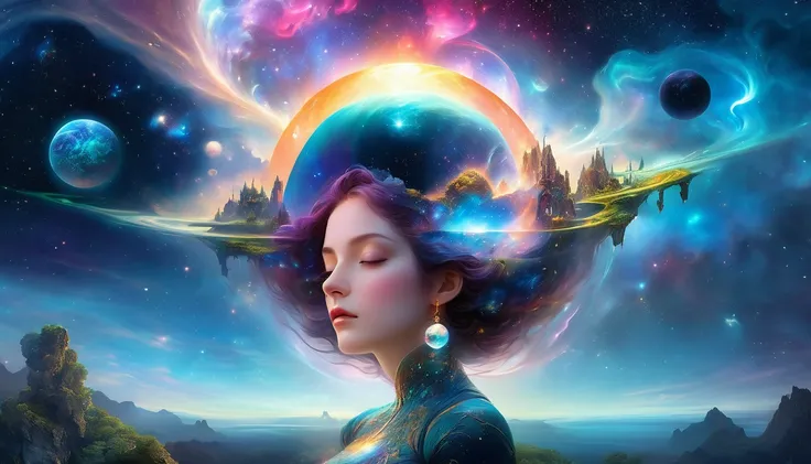 by Alexander Jansson、Alexis Briclot、Distant view of a young woman meditating in surrealist art by Arnold Böcklin, Sensual and esoteric and space etherial surrealistic futuristic and ritual style masterpiece Ultra-high resolution 8k, Ethereal galactic nebul...