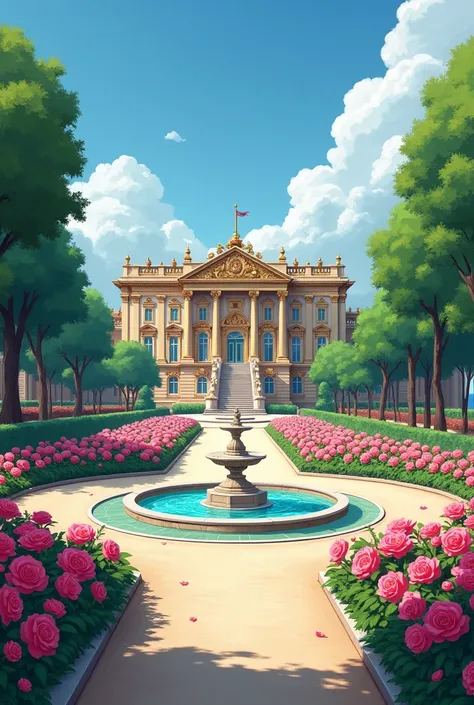 building like “Palace of Versailles”but smaller. It  has a beautiful huge garden like “palace of versailles” in front and unique fountain in the centre of the garden. Near by the sea. Garden has pink roses and lilies and the fountain is small and has everg...