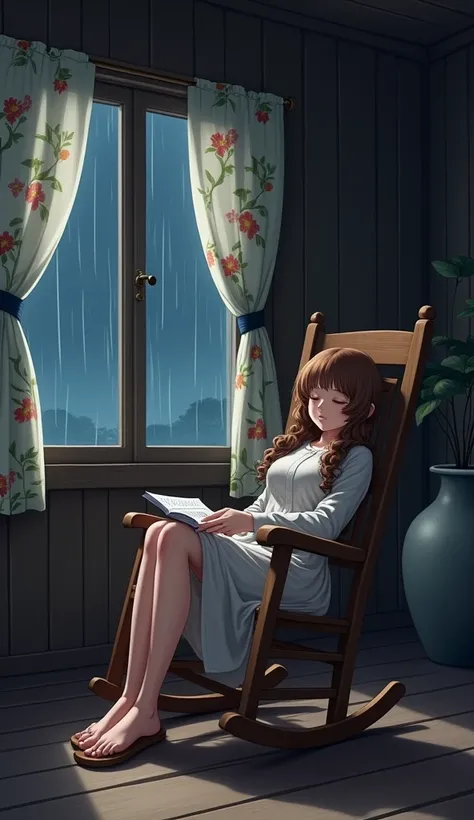 2D anime a cozy wooden room, a beautiful girl sleeping on wooden rocking chairin right side , her hair are curly long brown in color, wearing full long  sleeves dress and wearing flip flop, old vibes, a  big vase is present,  night time , its raining  ,tra...