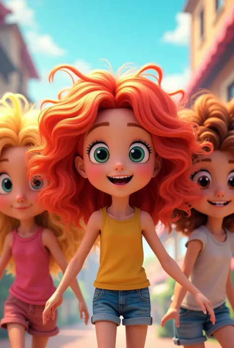 Create me three animated girls. A girl has long blonde curly hair. Another girl has long red wavy hair and the other girl has short light brown hair.