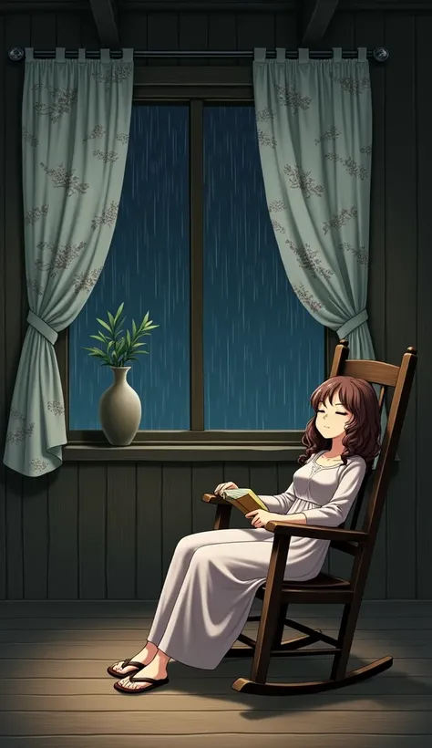 2D anime a cozy wooden room, a beautiful girl sleeping on wooden rocking chairin right side , her hair are curly long brown in color, wearing full long  sleeves dress to feet and wearing flip flop, old vibes, a  big vase is present,  night time , its raini...