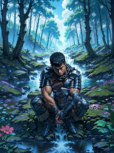 Guts of Berserk, sitting on the ground leaning against a tree, jaded, Expression of exhaustion, enjoying the forest landscape, with streams, beautiful sky, trees and flowers, 4K, cores dark