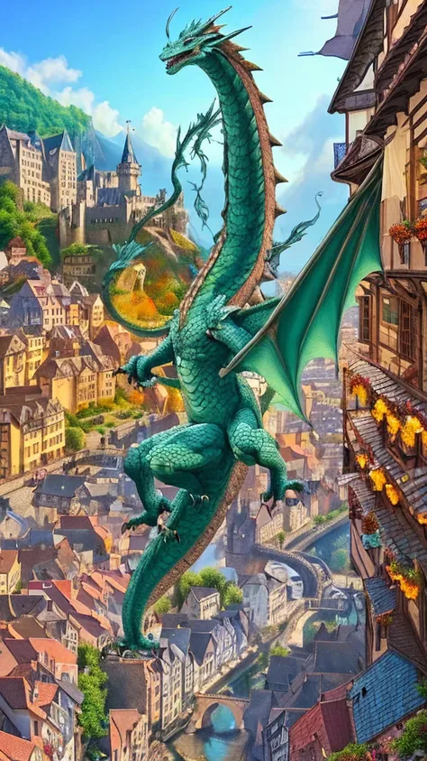 "A majestic dragon soaring over a vibrant, medieval fantasy town, with a castle perched on a hill in the background, and colorful market stalls lining the cobblestone streets."