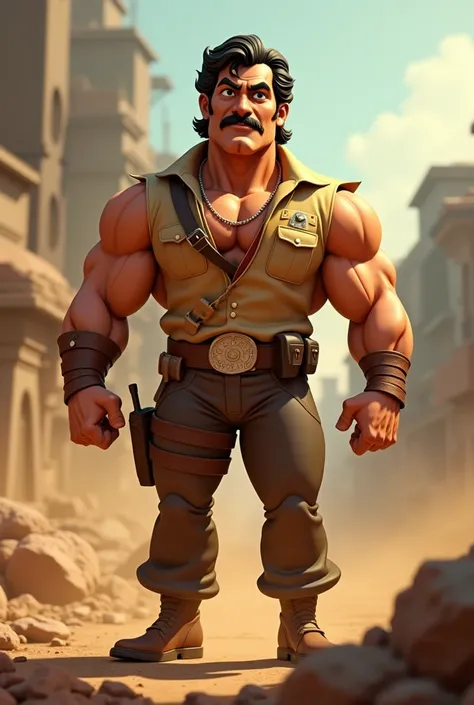 Crate 3D cartoon 4 image.A powerful and intense image of Rocky Bhai, dressed in 1970s period attire, showcasing his muscular build and determined expression. He should be standing confidently amidst a backdrop of the gritty Kolar Gold Fields, with dust and...