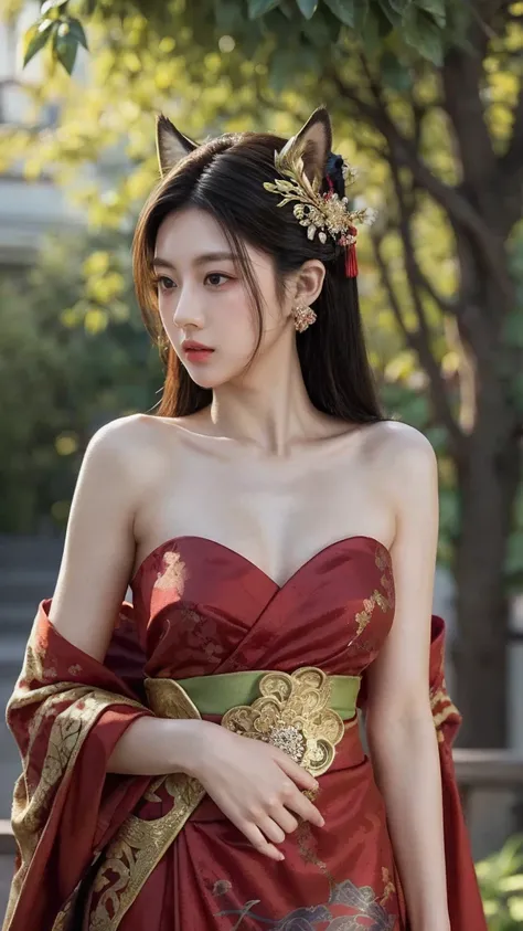 masterpiece, best quality, highly detailed, full-body, realistic, a beautiful woman, Asian female, wearing a traditional Japanese-inspired fantasy outfit, elaborate fox mask on her head, adorned with red and gold accents, long black hair with red highlight...