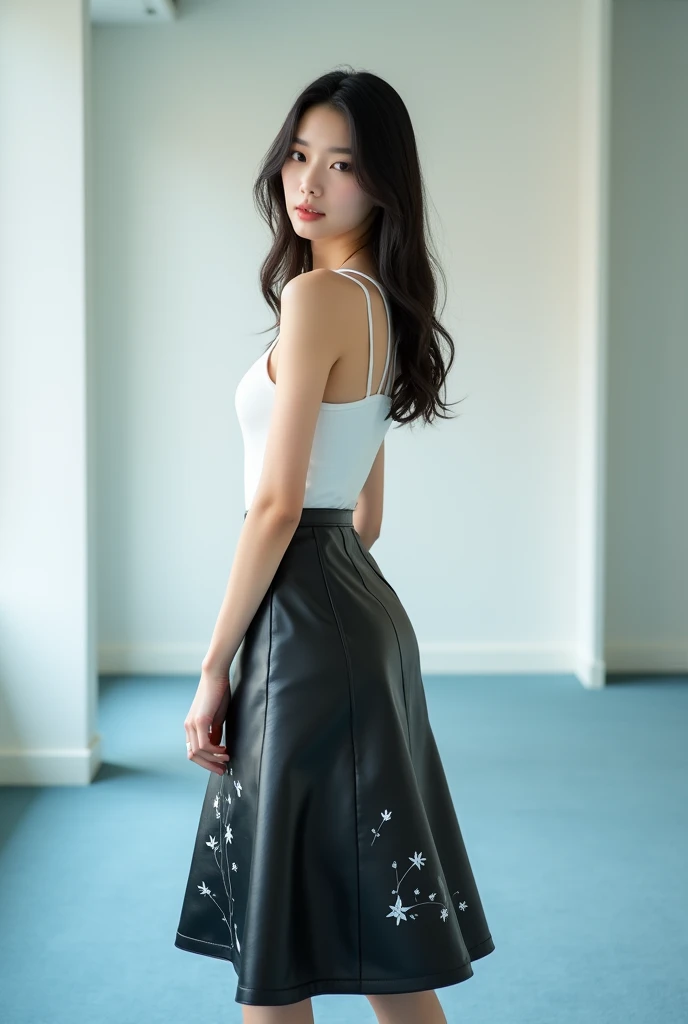 A beautiful lady, asian, Japanese,
Long hair, 
Medium height,
Turning a round in front of white wall in an office with light blue carpet, 
Wearing a white camisole,
Wearing a shiny black leather big a-line full circle long skirt knee length, 
Some white oi...