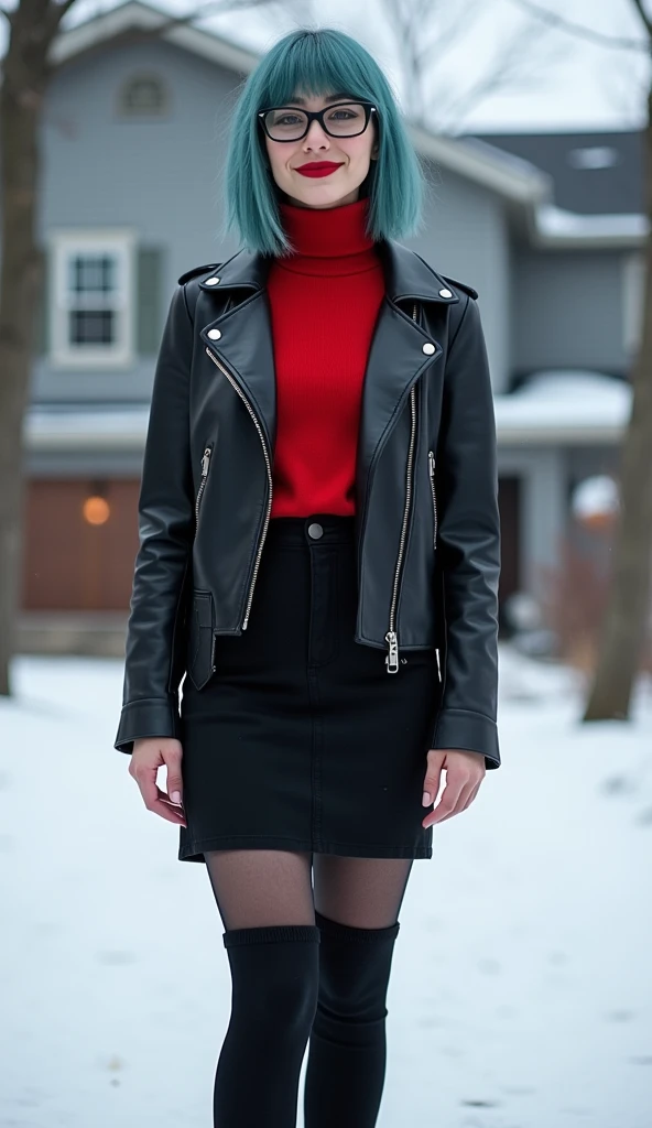 hq photo. full body view. a tall, slim young Iowa woman. thin waist. in her early 20s. chin length blue-green hair with brushed ends. hazel eyes.  (heavy goth style eye makeup). black rectangle frame eyeglasses. wearing a red turtleneck sweater. tighly fit...