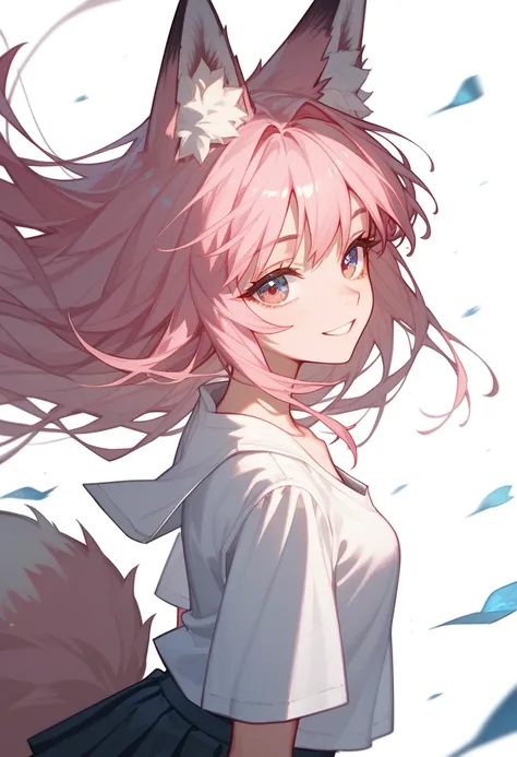 (Fraction_9,Fraction_8_Direction_7_direction_9,Fraction_8_direction_7_up,
upper body,1 girl,Unique,White shirt,Shirt back,Pleated Skirt,Narcida,Fox ears,Fox Tail,Pink Hair,s eyes,Chest,A faint smile,Wind,whole body
(White background),