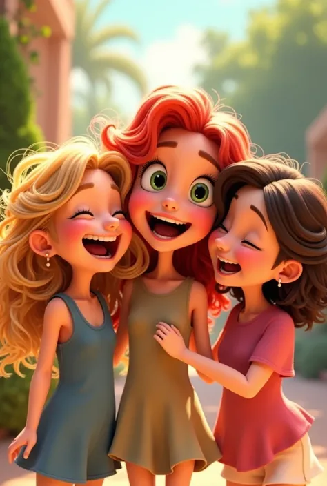 Create me three animated girls. A girl has long blonde curly hair. Another girl has long red wavy hair and the other girl has short light brown hair. They are friends and laugh together