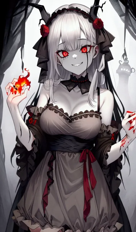 scary, a long, tattered rag, dark, fog深い, fog, one girl, expensive, spooky, horror, wide spooky smile, red glowing eyes, point t...