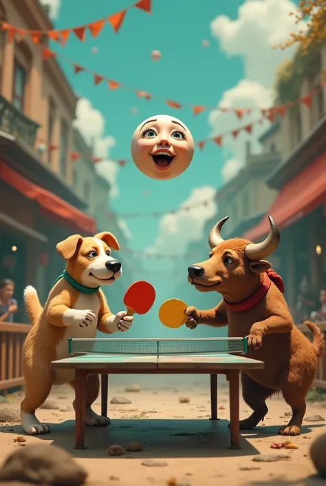 A dog and an ox playing ping pong and the ping pong ball with a woman&#39;s face