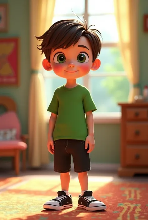 pixar-style character, , with medium brown hair short on the sides, dark green eyes, with green shirt black sneakers and black shorts