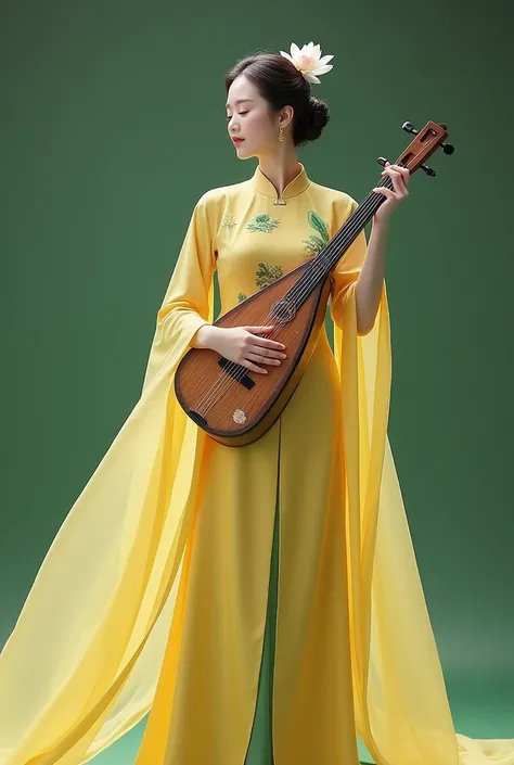 Vietnamese Ao Dai, yellow and green tones, a little lotus decoration on the Ao Dai, model proportions, model wearing Ao Dai holding Vietnamese pipa, looks like national costume for competition It must be truly Vietnamese but must look impressive and the hi...