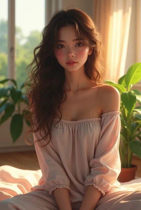 (photorealism:1.2), beautiful woman, sitting on bed, wearing loose off-shoulder top, pajama pants, long curly hair, indoors, soft lighting, plants in background, window with sunlight, cozy room, relaxed pose, thick anime
