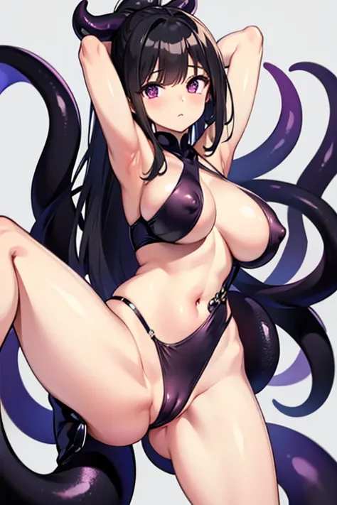 Black Hair, Short Ponytail, Large Breasts, Oblique eyes, Simple Background, Naked with Purple Eyes, Beautiful legs，The tentacles wrap around my arms，Tentacles entangled my legs，ankle、Nipples