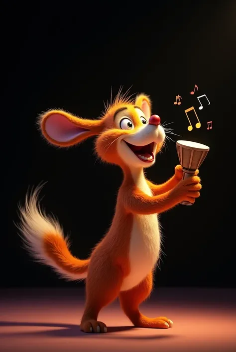 realistic 3d disney pixar character playing a percussion instrument, fanfare, black backdrop, in front of a band