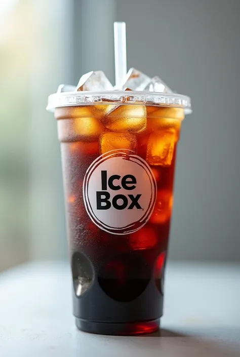 a glass of clear plastic cup filled with clear ice cubes and cola drink, one the glass the brand of "ice box" has been printed very beautiful and surrounded by a circle and a plastic lead at the top and a drinking starow inside 