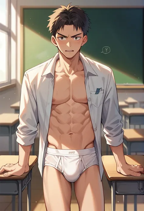 Anime, In the classroom, 1, nerd, slender and mascular man in his tighty whities. white briefs. Anime 